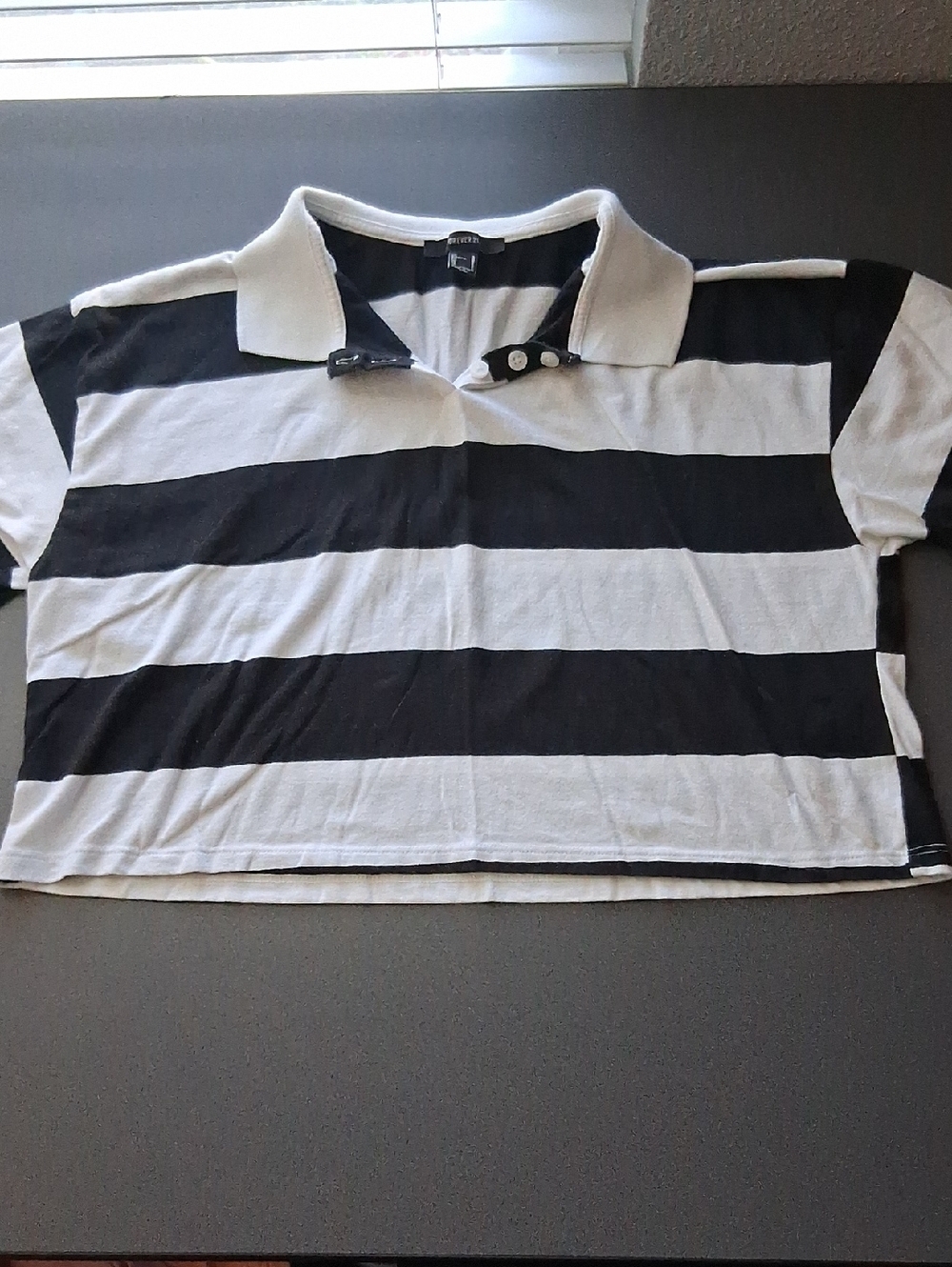 Y2K Cropped Striped Polo Shirt Black & White Large